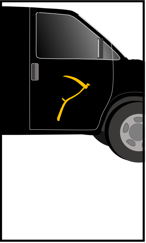 Image of a balck van with a gold logo in the form of a scythe.